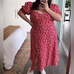 Reformation Lacey Dress - Red and White Floral Midi